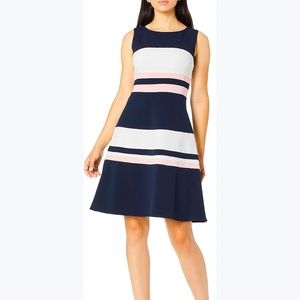 Tommy Hilfiger Navy Pink White Striped Fit & Flare Sleeveless Dress Size 14 EUC